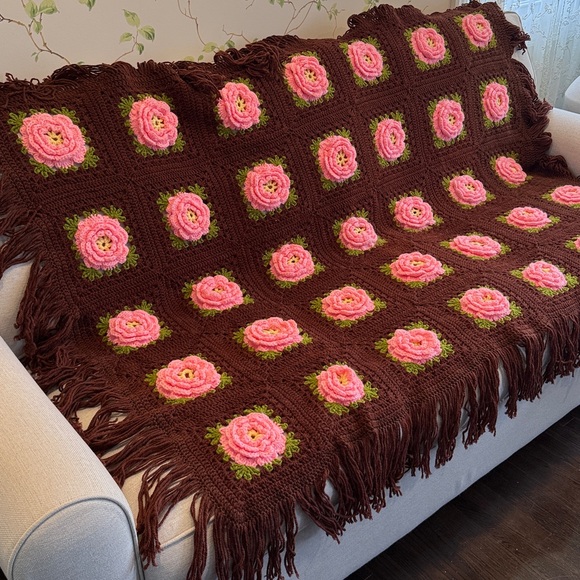Handmade Vintage Pink and Brown 3D Roses Crochet Granny Afghan with Fringe